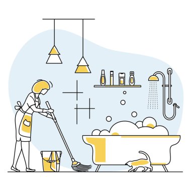 Vektör illüstrasyonu Apartman Temizlikçisi Hizmetçi Kadın temizlik yapar, banyoyu temizler. Ev işleri için profesyonel hijyen hizmeti. Web sitesi uygulama baskısı için temizlik işi tasarımı