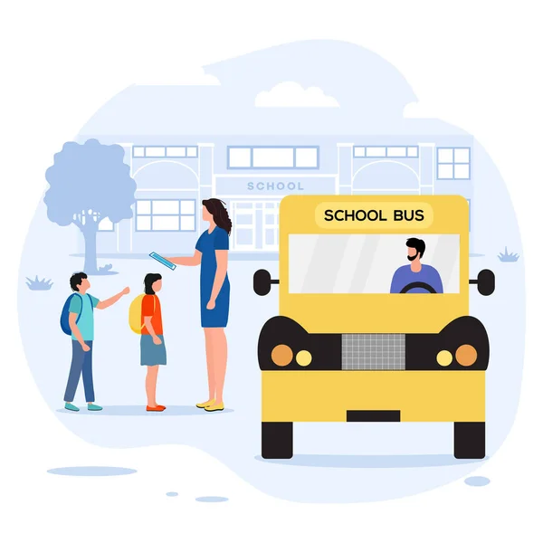 Ilustracja Wektorowa Powrót Szkoły Dzieci Torbami Szkolnymi Wysiadły Autobusu Szkolnego — Wektor stockowy