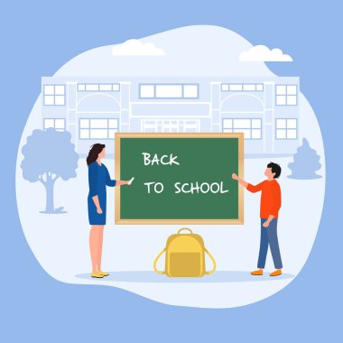 Vektör illüstrasyonu Öğrenci ve öğretmen yazı tahtasının yanında. İlkokul öğrencisi okula başlayacağı için heyecanlı. Okulun ilk günü. Eğitim konsepti.