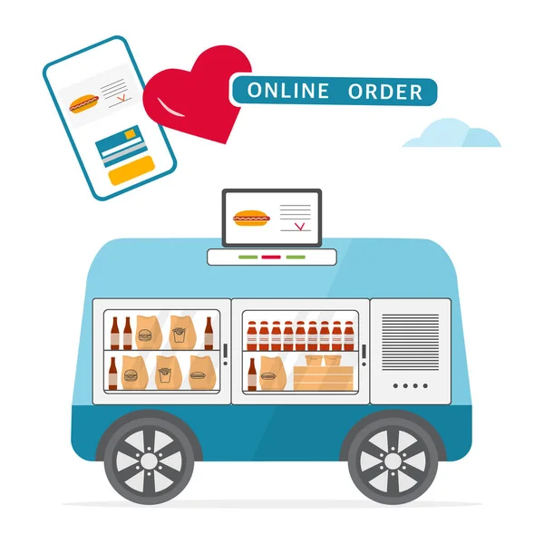 Vektorillustration Fast Food Online Bestellung Für Die Lieferung Durch Selbstfahrenden — Stockvektor