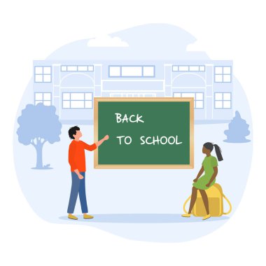 İlkokul öğrencileri, ilkokul öğrencilerinin yanında vektör illüstrasyonu. Okulun ilk günü okula dönmek için sabırsızlanan liseli kız. Web için Eğitim Tasarımı Öğrenme Konsepti, Yazdır