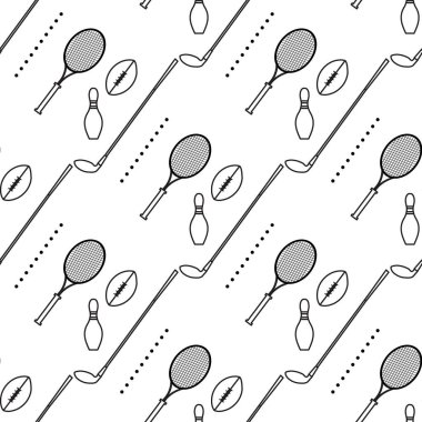 Bowling pimi, tenis raketi, rugby topu, golf sopası. Spor teması. Oyun, hobi, eğlence. Spor malzemeleri. Paket, kumaş veya yazdırma için tasarım.