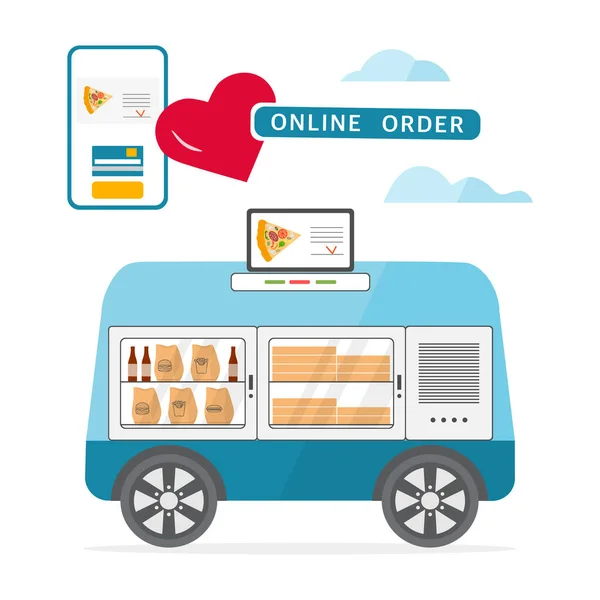 Vektorillustration Fast Food Online Bestellung Für Die Lieferung Durch Selbstfahrenden — Stockvektor