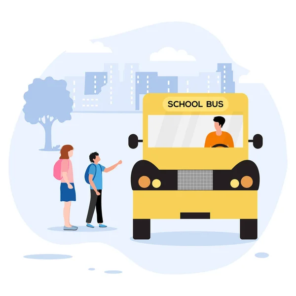 Ilustracja Wektorowa Powrót Szkoły Autobusie Szkolnym Siedzą Dzieci Torbami Szkolnymi — Wektor stockowy