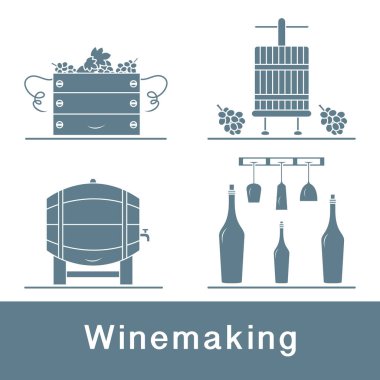 Vektör illüstrasyon Şarap Yapım Süreci. Şişe Şarapları Depolama Festivali için şarap bardaklarıyla dolu sandıklar. İçki dükkanı, alkol, pazar içkisi, şarap tadımı, üzüm bağı.