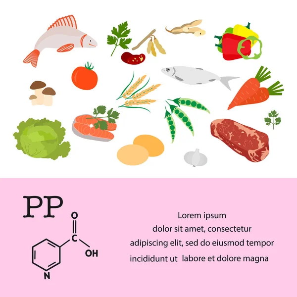 Vector Illustratie Vitamine Bronnen Gezonde Voeding Verrijkt Met Vitaminen Essentieel — Stockvector