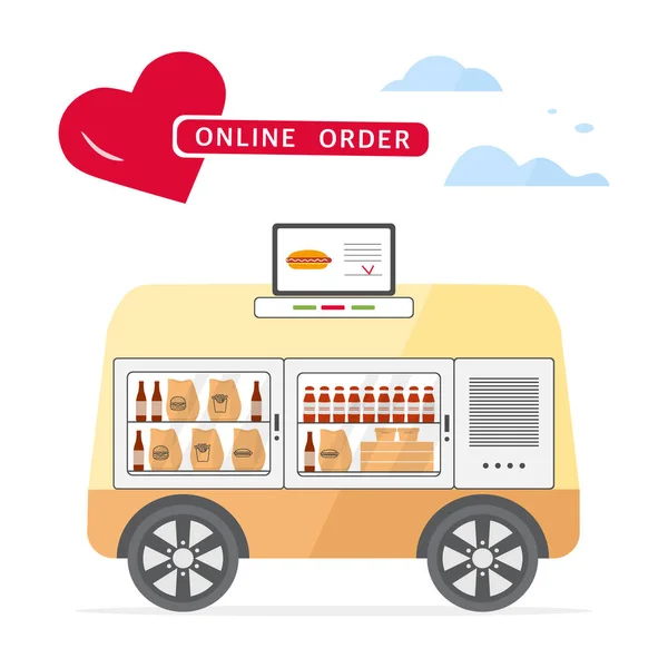 Vektorillustration Fast Food Online Bestellung Für Die Lieferung Durch Selbstfahrenden — Stockvektor