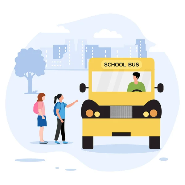 Ilustracja Wektorowa Powrót Szkoły Autobusie Szkolnym Siedzą Dzieci Torbami Szkolnymi — Wektor stockowy
