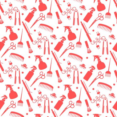 Vektörsüz desenli, profesyonel kuaför aletleri berber kuaför kuaför kuaför cazibe moda moda moda tarağı, saç düzleştirici, makas, parmak izi tasarımı.