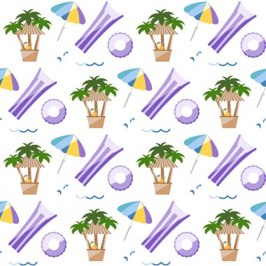 Denizde vektörsüz tasvir tatili. Şişme yatak, yüzük, plaj şemsiyesi, sahil barı. Seyahat et. Yaz tatili. Sahil suyu yüzen oyuncaklar. Havuz malzemeleri. Eğlence için lastik eşyalar