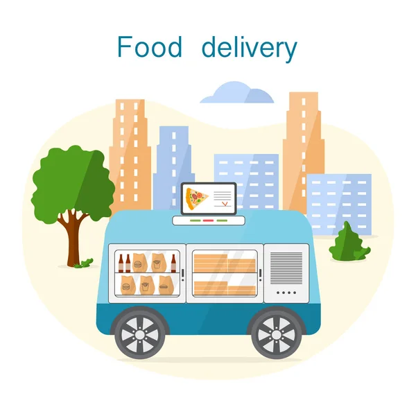 Векторная Иллюстрация Fast Food Online Order Delivery Self Driving Transportation — стоковый вектор