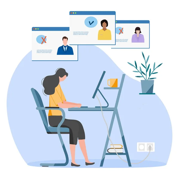 Vektör illüstrasyonu İnsanlar bilgisayar kullanarak iş için adayı seçiyor. İş bulma kurumu. Çevrimiçi işe alma işi İnsan Kaynakları Arama ve Vacancy Personel Alma Yönetimi İş İşletmeleri