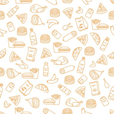 Vektör Yemeksiz Çizimler Fast Food Atıştırmalık Fast Food Piknik Zararlı yeme alışkanlıkları Sağlıksız yaşam tarzı Sosisli Hamburger Peynirli Pizza Patates kızartması Hotdog Tavuklu baskı için tasarım