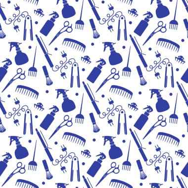 Vektörsüz desenli, profesyonel kuaför aletleri berber kuaför kuaför kuaför cazibe moda moda moda tarağı, saç düzleştirici, makas, parmak izi tasarımı.