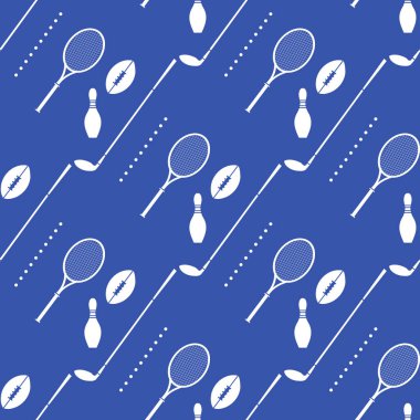 Bowling pimi, tenis raketi, rugby topu, golf sopası. Spor teması. Oyun, hobi, eğlence. Spor malzemeleri. Paket, kumaş veya yazdırma için tasarım.