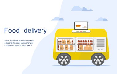 Vektör illüstrasyonu Fast Food çevrimiçi servis için otomatik taşımacılık ile. Yiyecek teslimatı otomatı, otonom araç, sürücüsüz ulaşım. Bilimsel, teknik ilerleme. Robot