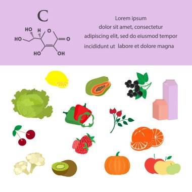 Vektör illüstrasyon C vitamini kaynakları. Sağlıklı besinler vitaminlerle zenginleştirilmiş doğal antioksidanlar. Düzgün doğal beslenme, diyet organik ürünler. Sebze Meyve Suyu Eksikliğini Yenile