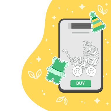 Vektör illüstrasyon cep telefonu siparişi, bebekler için mal alımı. İnternetten bebek eşyaları ve aksesuar siparişi vermek. Yeni gelen indirimli alışveriş. Evden online alışveriş. Reklam pankartı