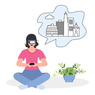 Sanal gerçeklik gözlüğü takan Vector Illustration Kadını Seyahat, tatil gezisi, şehir turu, film VR kulaklığı simülasyonu Mülkiyet VR simülasyonu Modern eğlence artırılmış gerçeklik yaratmayı gözünde canlandır