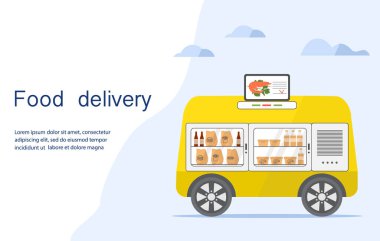 Vektör illüstrasyonu Fast Food çevrimiçi servis için otomatik taşımacılık ile. Yiyecek teslimatı otomatı, otonom araç, sürücüsüz ulaşım. Bilimsel, teknik ilerleme. Robot