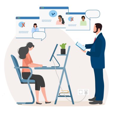 Vektör illüstrasyonu İnsanlar bilgisayar kullanarak iş için adayı seçiyor. İş bulma kurumu. Çevrimiçi işe alma işi İnsan Kaynakları Arama ve Vacancy Personel Alma Yönetimi İş İşletmeleri