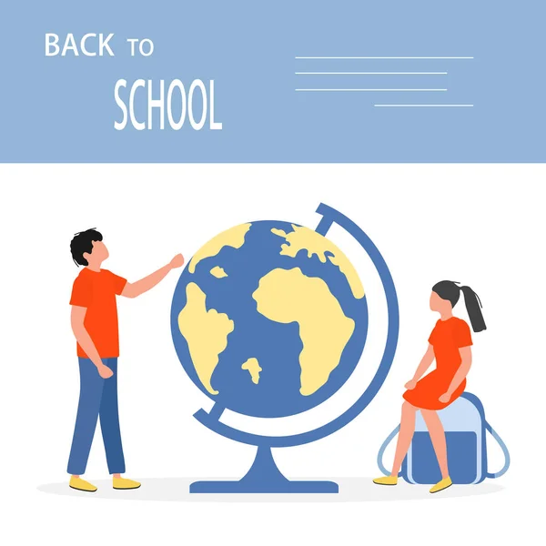 Εικονογράφηση Διάνυσμα Παιδιά Globe Μαθητές Δημοτικού Σχολείου Schoolboy Μαθήτρια Ενθουσιασμένη — Διανυσματικό Αρχείο