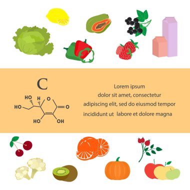 Vektör illüstrasyon C vitamini kaynakları. Sağlıklı besinler vitaminlerle zenginleştirilmiş doğal antioksidanlar. Düzgün doğal beslenme, diyet organik ürünler. Sebze Meyve Suyu Eksikliğini Yenile