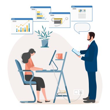 Vektör illüstrasyonu Bilgisayar Mesleği kullanarak verileri analiz eden insanlar. Şirketin çalışanları çalışıyor, ofiste iletişim kuruyor. Çalış. İş. İş adamları. Takım Çalışması Etkileşimi Ortaklığı