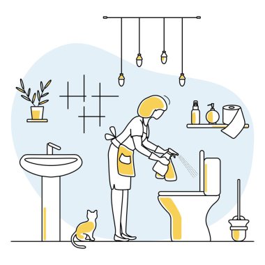 Vektör illüstrasyonu Apartman Temizlik Hizmetçisi kadın tuvalette tesisat yıkıyor. Ev işleri için profesyonel hijyen hizmeti. Oda Bakımı İş Tasarımı Web Sitesi Uygulaması Yazdırma