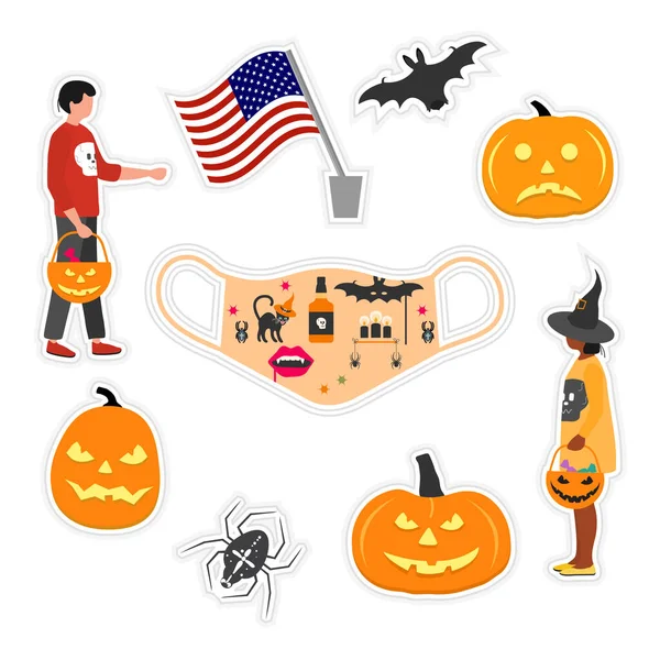 Εικονογράφηση Διάνυσμα Happy Halloween Κόμμα Sticker Σετ Παιδιά Φορώντας Εορταστικά — Διανυσματικό Αρχείο