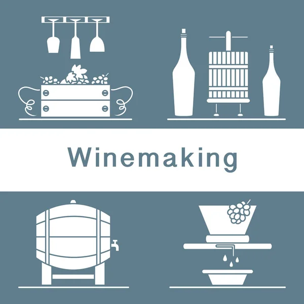Vector Illustration Winemaking Process Crates Full Grapes Wineglasses Press Wringing — Stock Vector