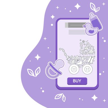 Vektör illüstrasyon cep telefonu siparişi, bebekler için mal alımı. İnternetten bebek eşyaları ve aksesuar siparişi vermek. Yeni gelen indirimli alışveriş. Evden online alışveriş. Reklam pankartı