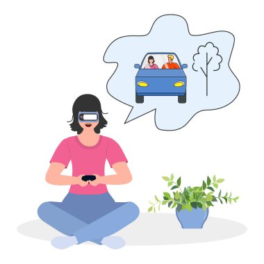 Sanal gerçeklik gözlüğü takan Vektör Resimli Kadın 3 boyutlu seyahat planı, arabayla tatil gezisi. VR kulaklık. Özellik VR simülasyonu Modern eğlence Geliştirilmiş gerçeklik yaratılış kavramını gözünde canlandır