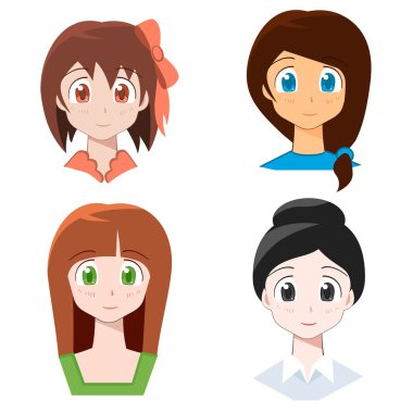 Sevimli çizgi film genç kadın karakter kümesi.