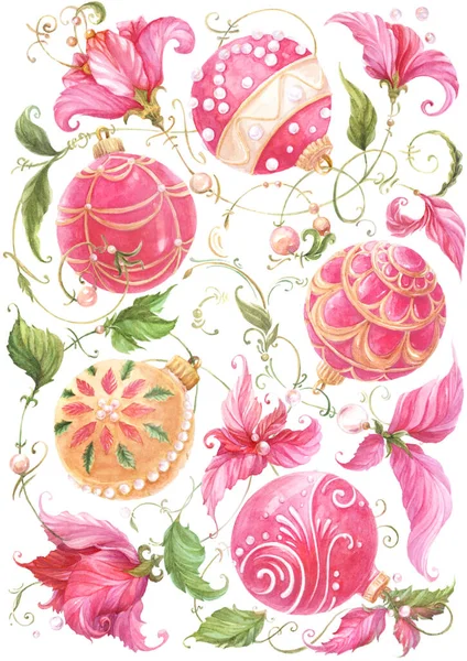 Aquarelillustratie Met Kerstballen Bloemen Kerstachtergrond Naadloos Patroon — Stockfoto