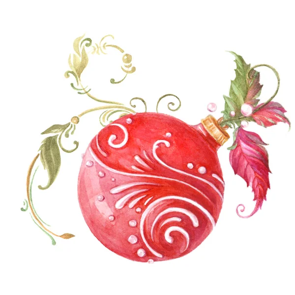 クリスマスボールと赤い花の水彩イラスト — ストック写真