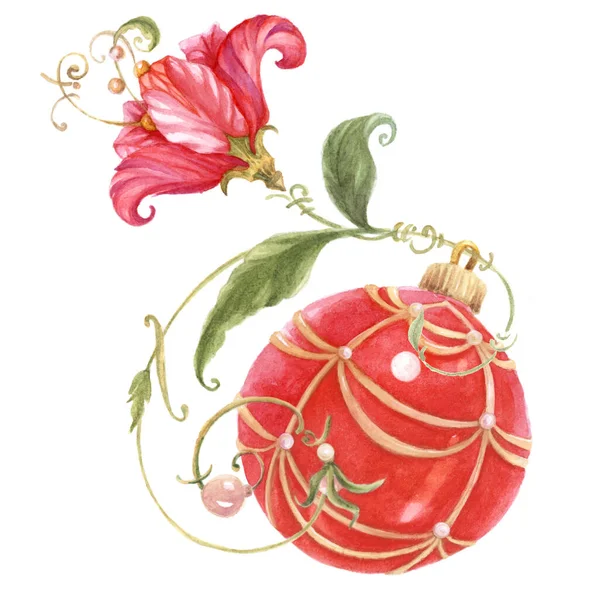 Illustrazione Acquerello Con Palla Natale Fiore Rosso — Foto Stock