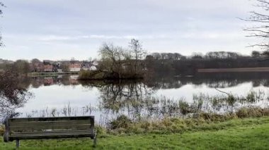 Göle karşı gökyüzü, Viborg, Danimarka manzarası. Danimarka 'nın Jutland şehrinde Viborg yakınlarında bir göl manzarası. Arka planda bulutlu bir gökyüzü olan sakin bir göl. Gökyüzü mavi ve ağaçlar yeşil.