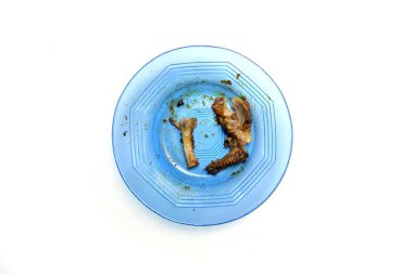 Tabakta kalan tavuk kemikleri, beyaz bir arka planda izole edilmiş.