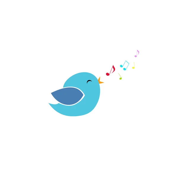 Mignon petit oiseau bleu chante avec son bec et voler des notes colorées — Image vectorielle