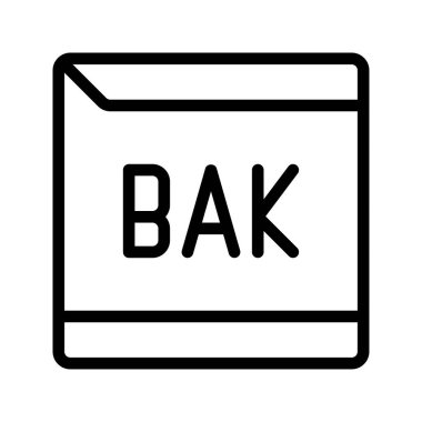 Veri kurtarma ve depolama için BAK yedek belge dosyasını temsil eden basit ana hat simgesi.