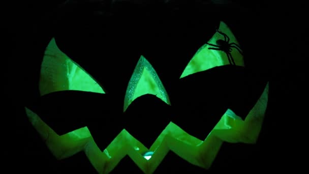 Calabaza Halloween Con Una Cara Aterradora Iluminada Desde Interior Calabaza — Vídeo de stock