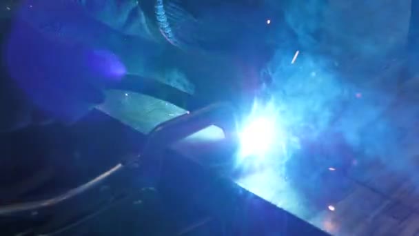 Close Work Metal Steel Iron Using Welding Machine Bright Sparks — Stock Video