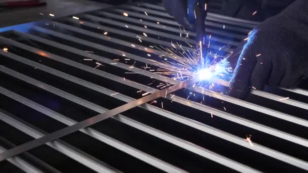 Close Work Metal Steel Iron Using Welding Machine Bright Sparks — Stock Video