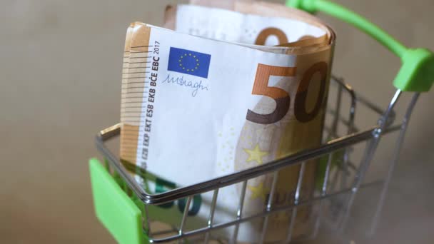 Euro Geld Staat Het Winkelwagentje Rook Komt — Stockvideo