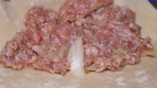 Place Minced Meat Onions Dough — Stock Video