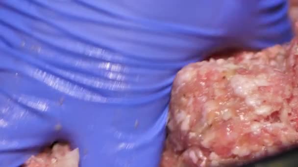 Knead Minced Meat Hand Onions Blue Gloves — Stock Video