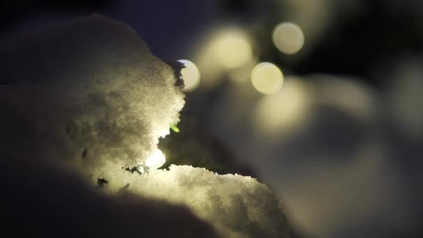 Nieve Ramas Verdes Con Luces Navidad — Vídeos de Stock