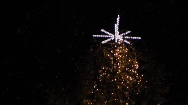 Geceleyin ışıklarla süslenmiş Noel ağacı. Kar, büyük kar taneleriyle yağıyor.