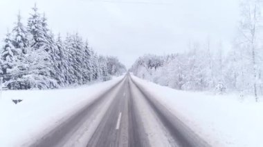 Kar yağışı yolu ve ağaçları karla kapladı. Kışın güzel İHA uçuşu